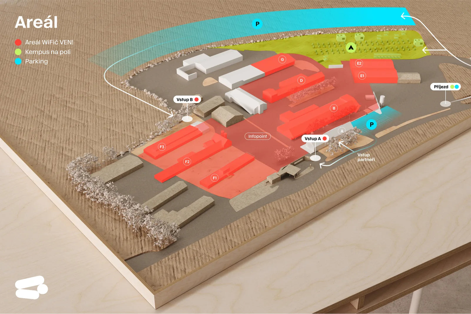 Mapa areálu se zónami: Areál WiFič VEN, Kempus na poli, Parking